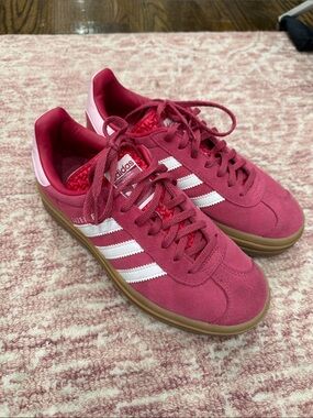 adidas Women’s Suede Sneakers in Pink with White Stripes and Gum Sole